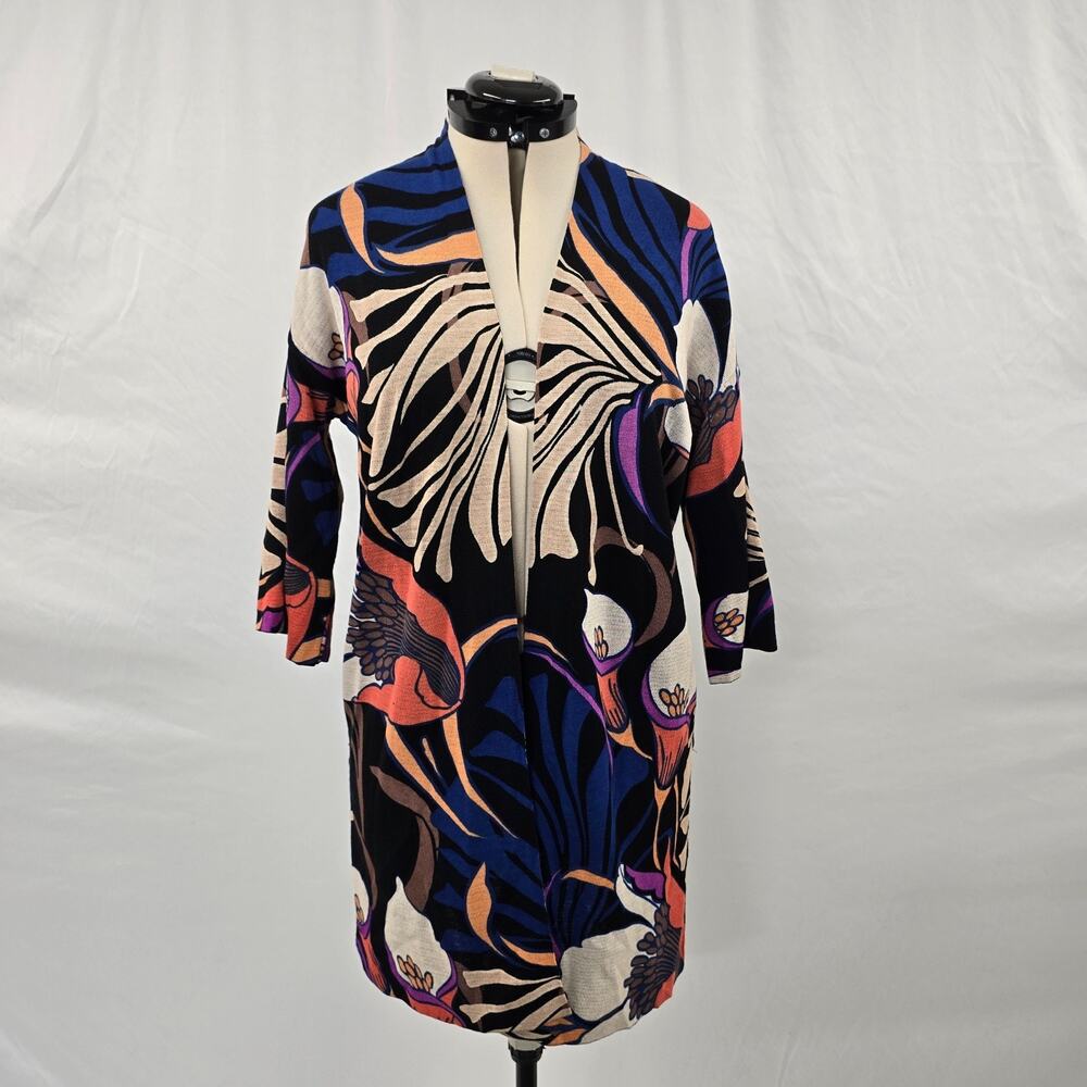 Chico's Travelers Open Front Floral Cardigan Women's M Calla Lily Navy Blue